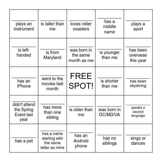 Name Bingo Card