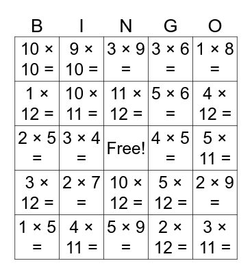 multiplication bingo Card
