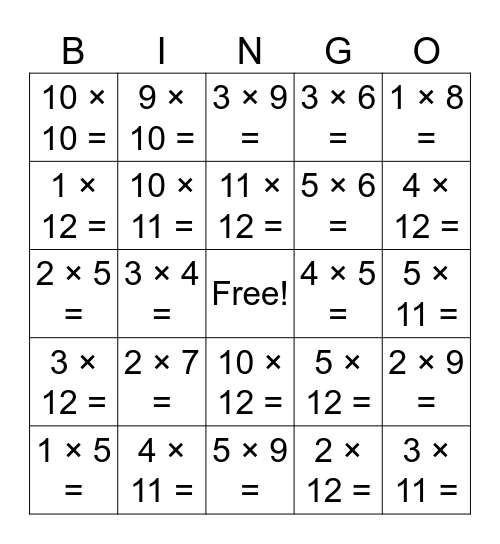 multiplication bingo Card