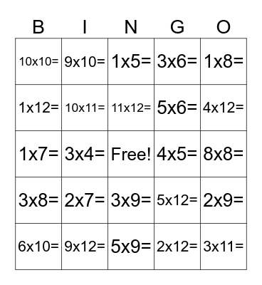 multiplication bingo Card