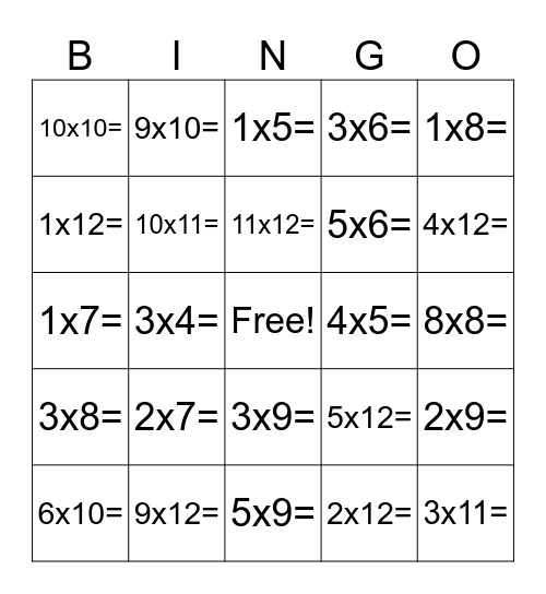multiplication bingo Card