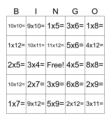 multiplication bingo Card