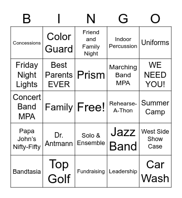 Band Parent Bingo Card