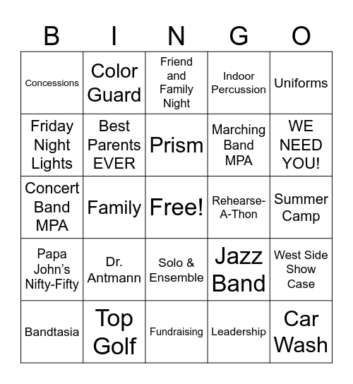Band Parent Bingo Card