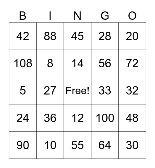 multiplication bingo Card
