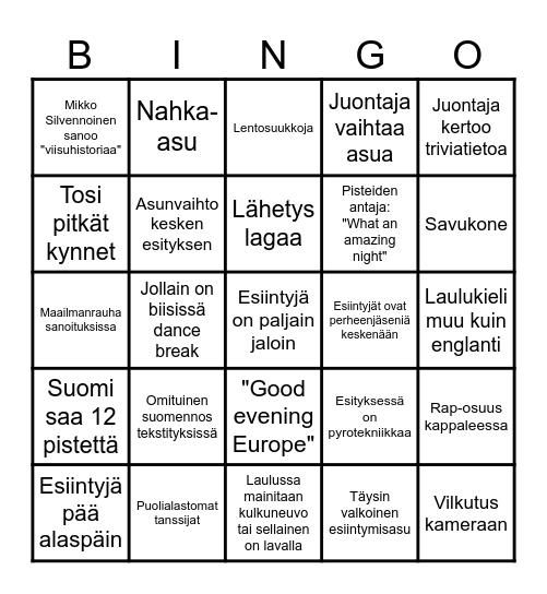 Euroviisut 2026 Bingo Card
