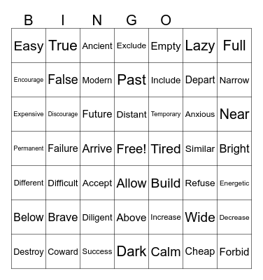 VOCABULARY Bingo Card