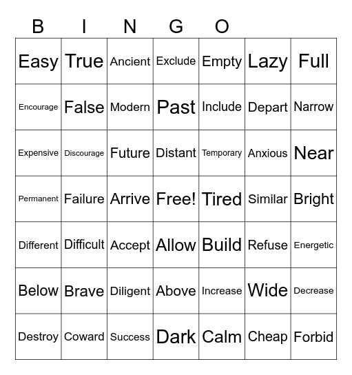 VOCABULARY Bingo Card