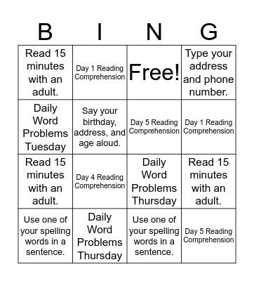 Homework Bingo- Group 1 (Week of 1/30) Bingo Card