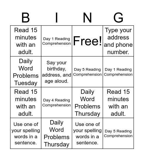 Homework Bingo- Group 1 (Week of 1/30) Bingo Card