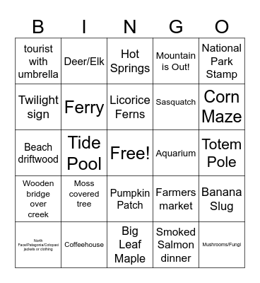 Pacific Northwest Trip Bingo Card