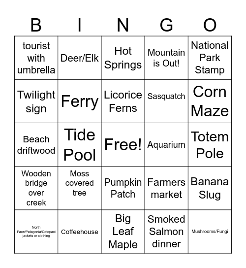 Pacific Northwest Trip Bingo Card
