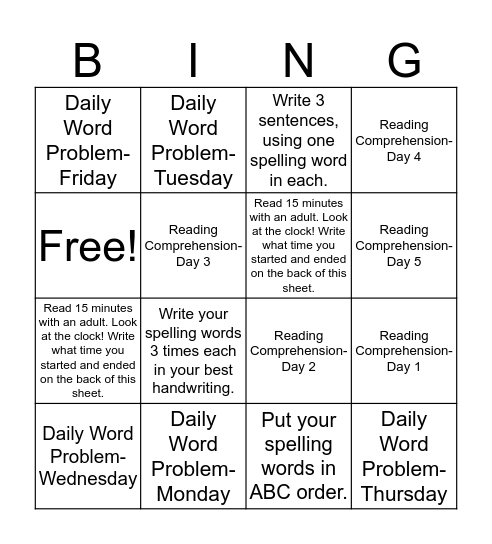 Homework Bingo- Group 1 (Week of 2/6) Bingo Card