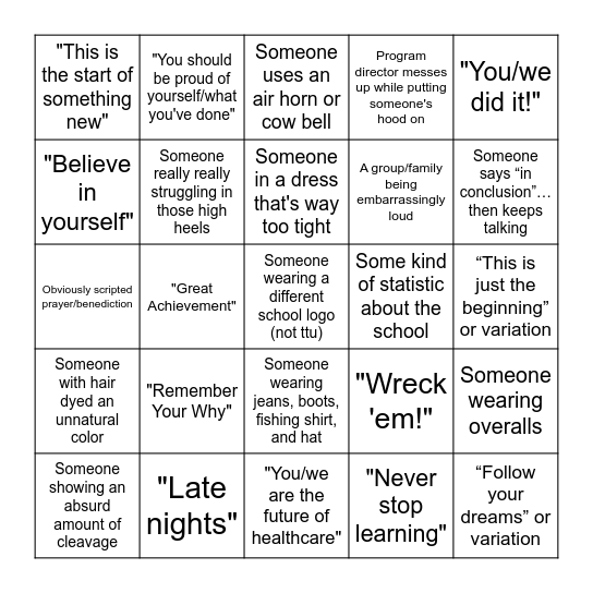 TTUHSC Graduation Ceremony Bingo Card