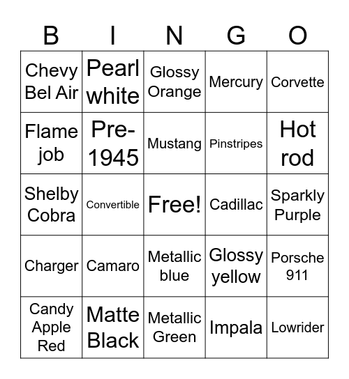 Car show bingo Card