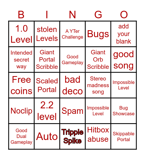 Recent Tab Bingo (Geometry Dash) Bingo Card