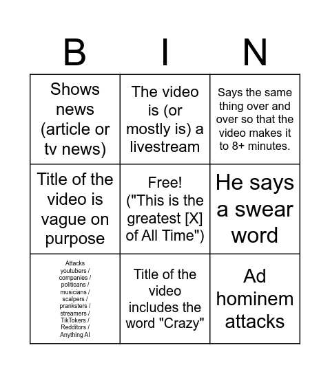 MoistCritical Bingo Card