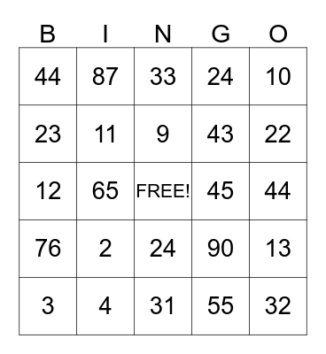 Number Bingo Card