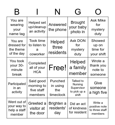 Nursing Home Week Bingo Card