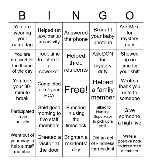 Nursing Home Week Bingo Card