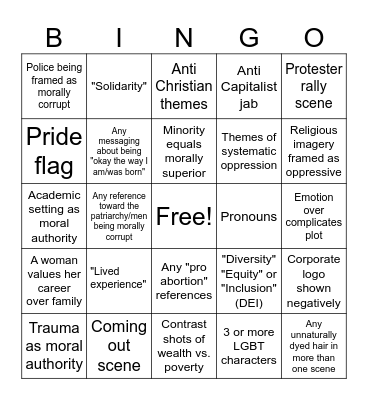 Liberal Movie Cringes Bingo Card