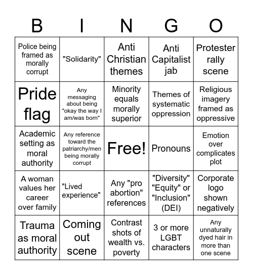 Liberal Movie Cringes Bingo Card