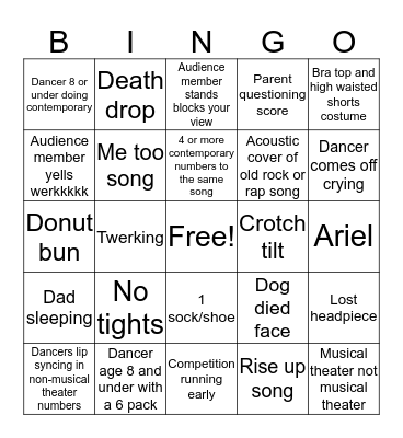 Dance competition bingo Card