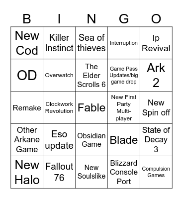 Xbox Game Showcase Bingo Card
