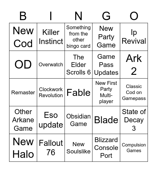 Xbox Game Showcase Bingo Card