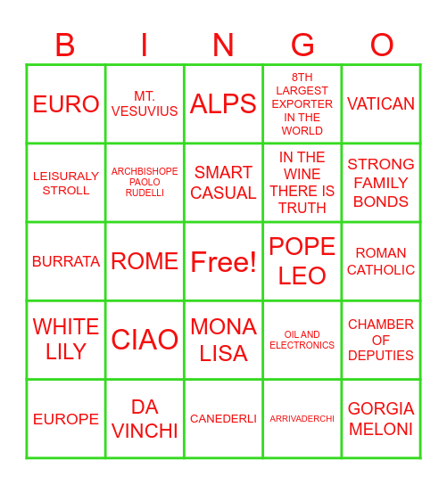 Italy Bingo Card