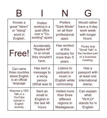 Office Bingo: Find someone Who Bingo Card