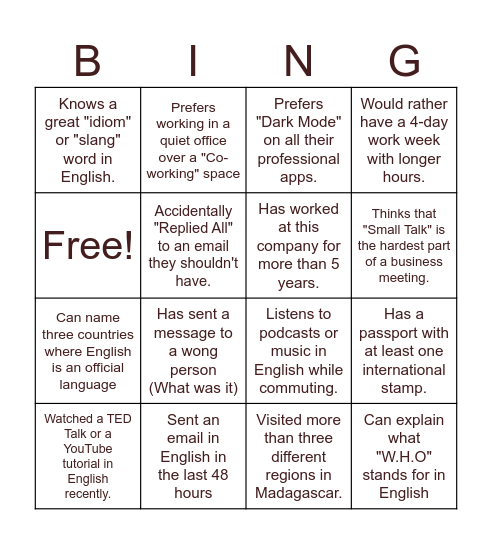 Office Bingo: Find someone Who Bingo Card