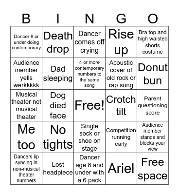 Dance competition bingo Card