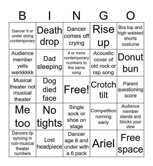 Dance competition bingo Card