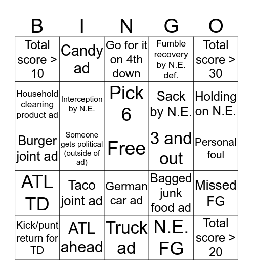 Big Game Bingo 2017 Bingo Card