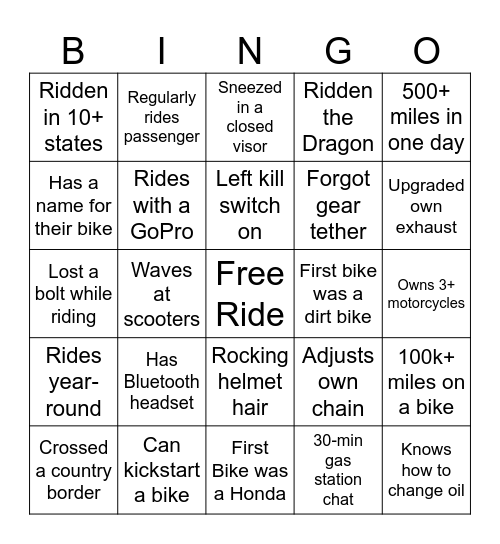 Ride Together Bingo Card
