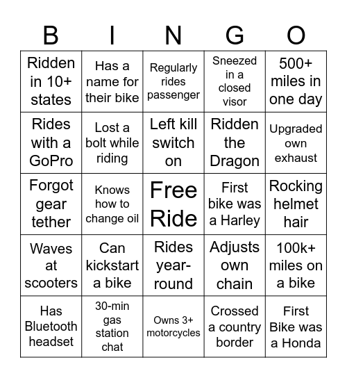 Ride Together Bingo Card