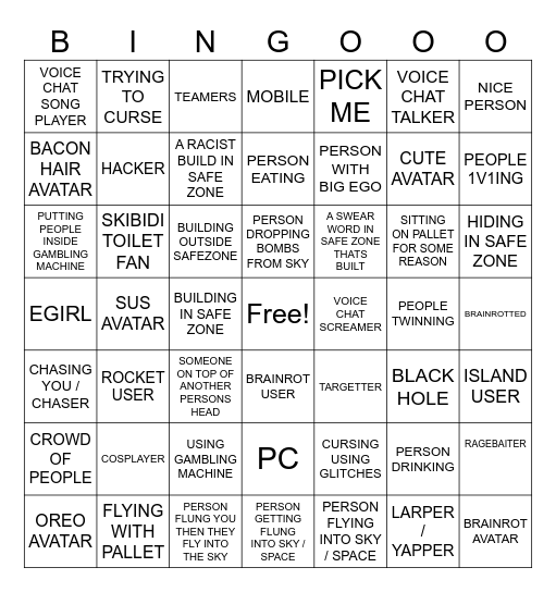 FTAP ROBLOX BINGO Card