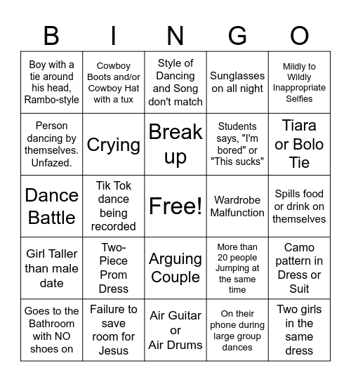 SHS Prom 2026 Bingo Card