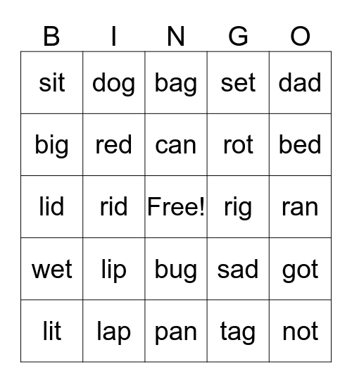 CVC Word Bingo Card