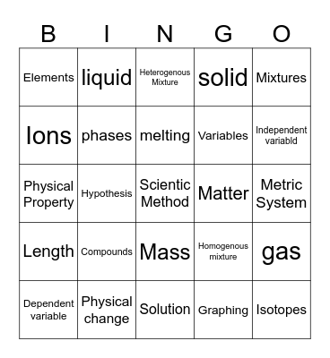 Physical Science Bingo Card