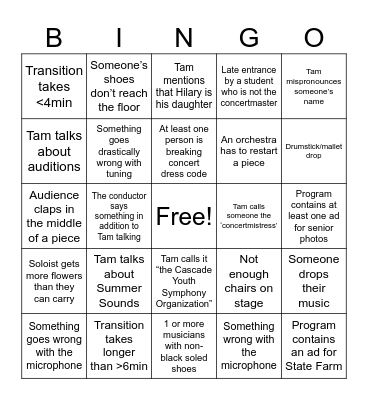 CYSO Concert Bingo 5/4 Bingo Card