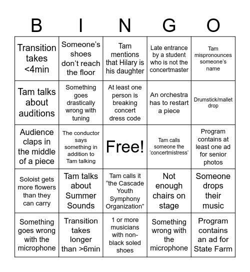 CYSO Concert Bingo 5/4 Bingo Card