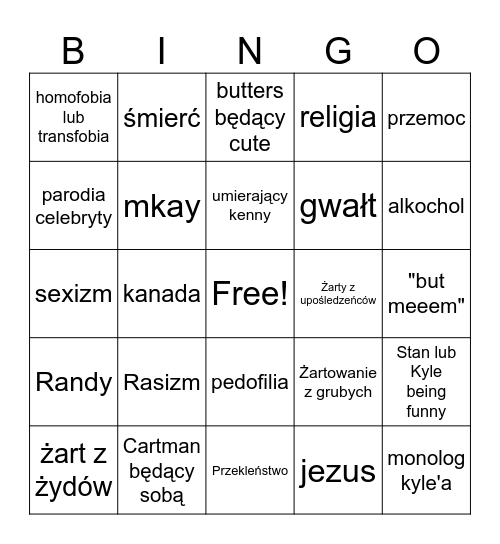 South Park bingo Card