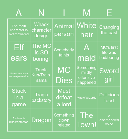 Isekai Anime Bingo Card
