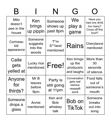 Musical dinner at Bobs Bingo Card