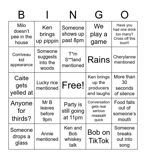 Musical dinner at Bobs Bingo Card
