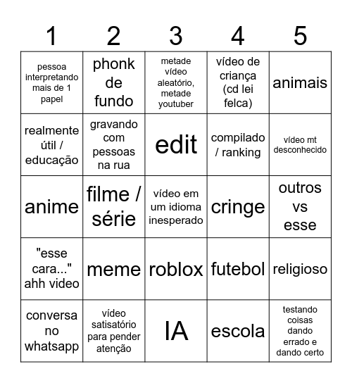 Youtube Shorts Bingo Card