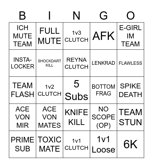 Valo Bingo Card