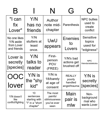 X Reader Fic Bingo Card